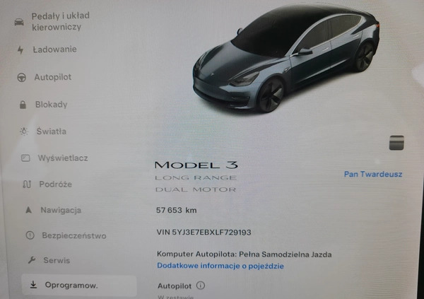 Tesla Model 3 cena 149900 przebieg: 57653, rok produkcji 2020 z Olecko małe 232